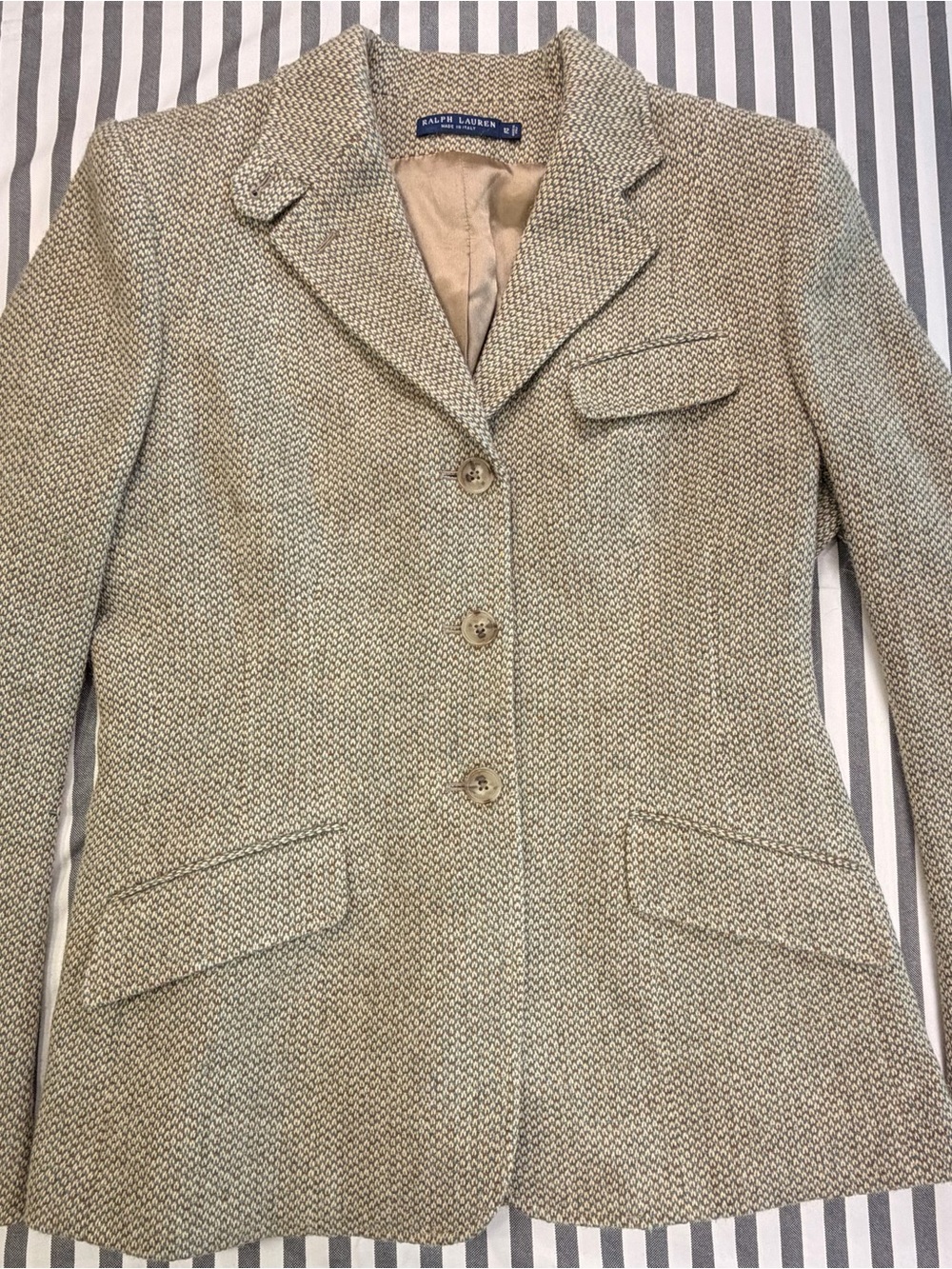 Women's Ralph Lauren Made in Italy Lambswool Alpaca Tweed Blazer Jacket 12 Tan - Picture 2 of 16